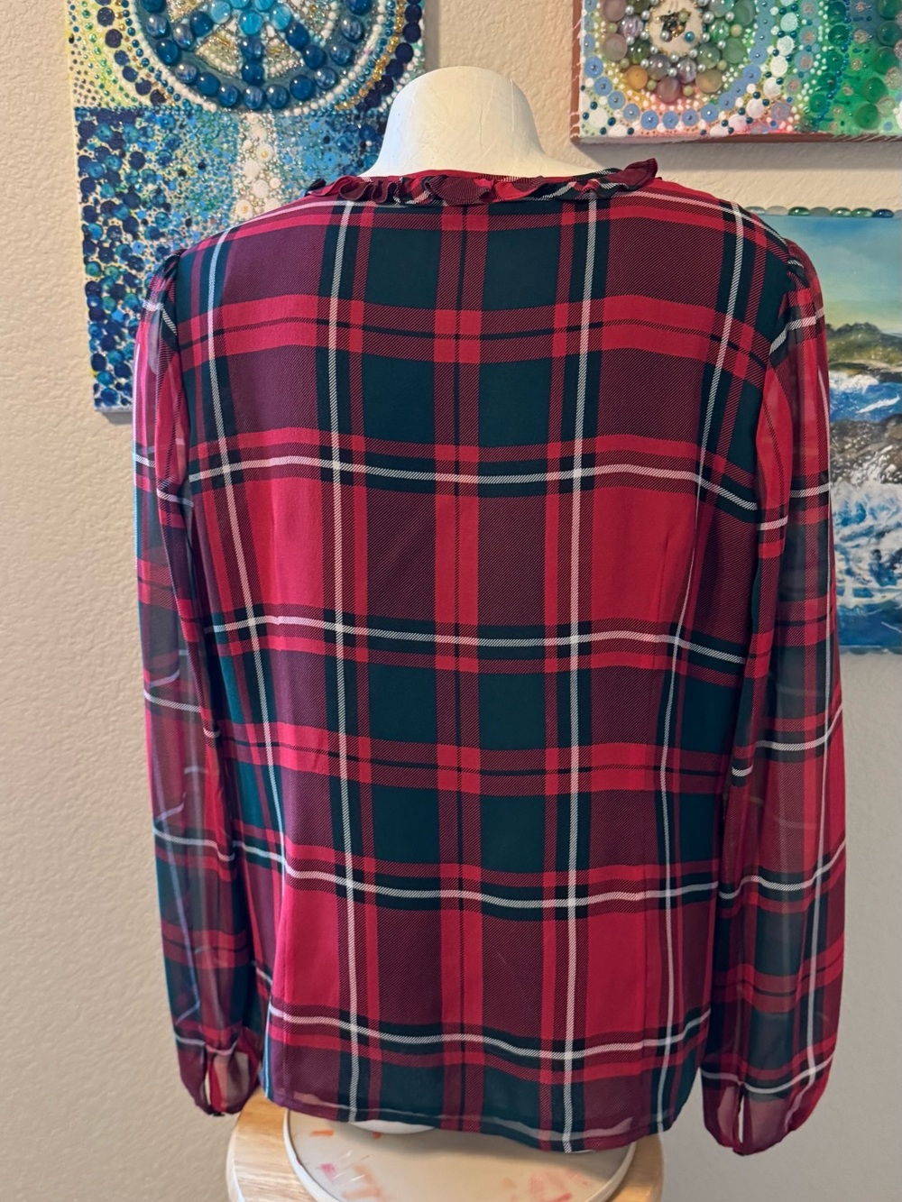 Pendleton Red and Green Plaid Ruffle-Front Blouse - Picture 4 of 6